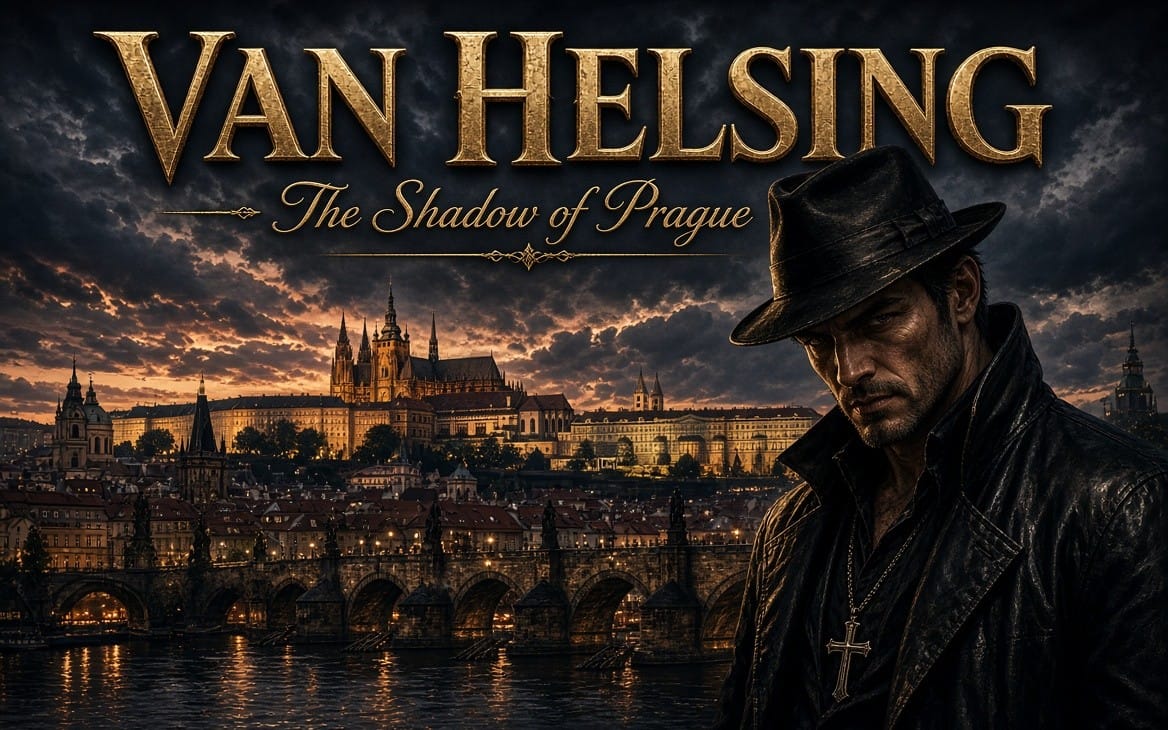 Fantasy book cover featuring Van Helsing in a dark hat and coat beside a Prague skyline at dusk