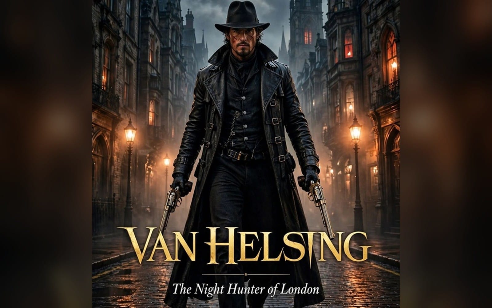 Van Helsing audiobook cover featuring a gun-wielding man in a dark coat and hat standing in foggy London streets