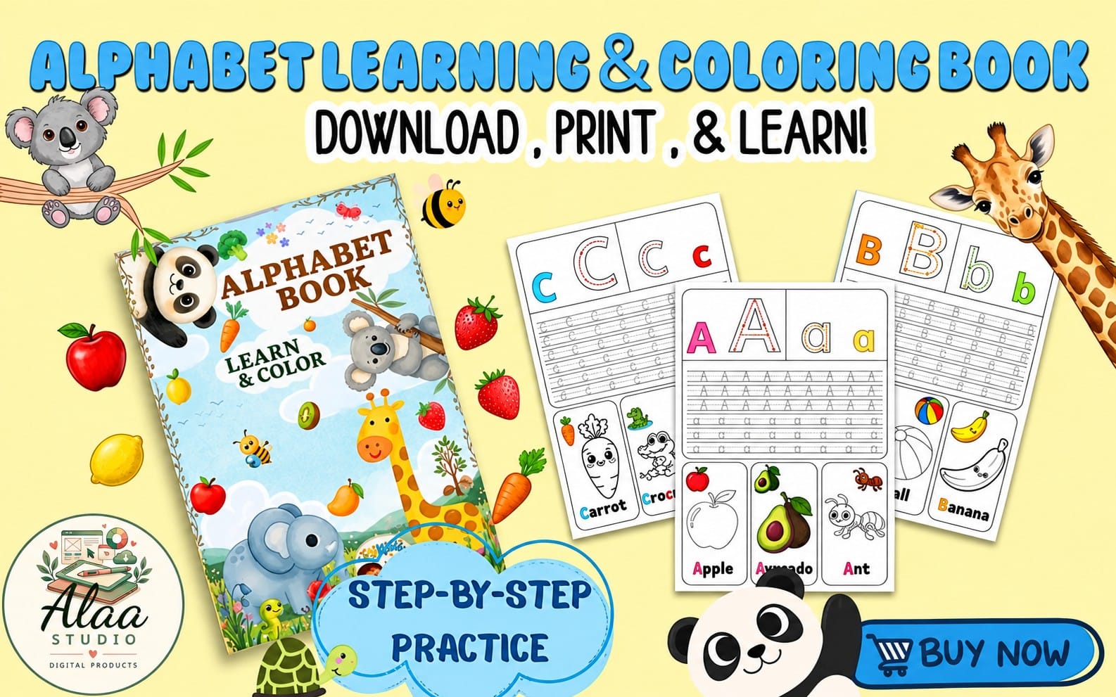 Toddler alphabet learning and coloring book cover with animal characters and worksheets for tracing letters