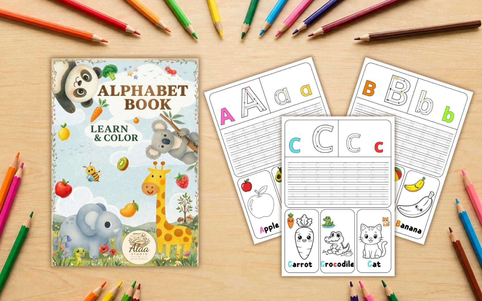 Alphabet tracing and coloring book for toddlers showing cover, letter worksheets, and animal/fruit illustrations