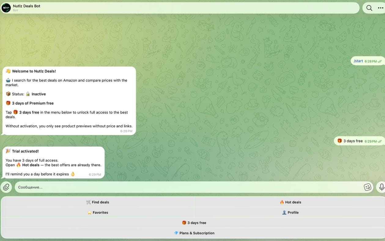 Telegram bot interface screenshot for an Amazon deal tracker, with Python source code product documentation