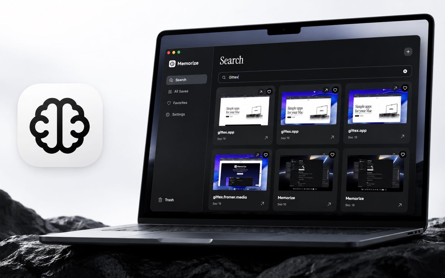 Memorize app logo and Mac desktop interface with saved cards and search results on a laptop screen