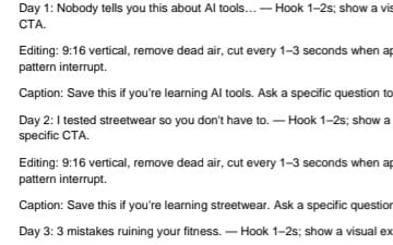 TikTok shorts content pack screenshot showing 3-day AI and streetwear script plan with hooks, captions, and edits