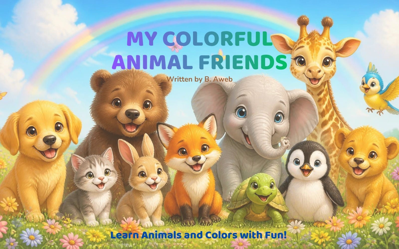 Colorful cartoon cover featuring cute animal friends with rainbow sky and flowers, for a children’s coloring book