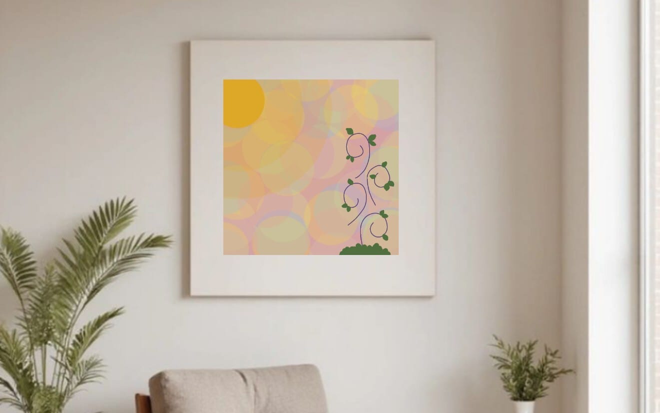 Minimal digital painting illustration print with whimsical climbing vines and pastel circular background bokeh