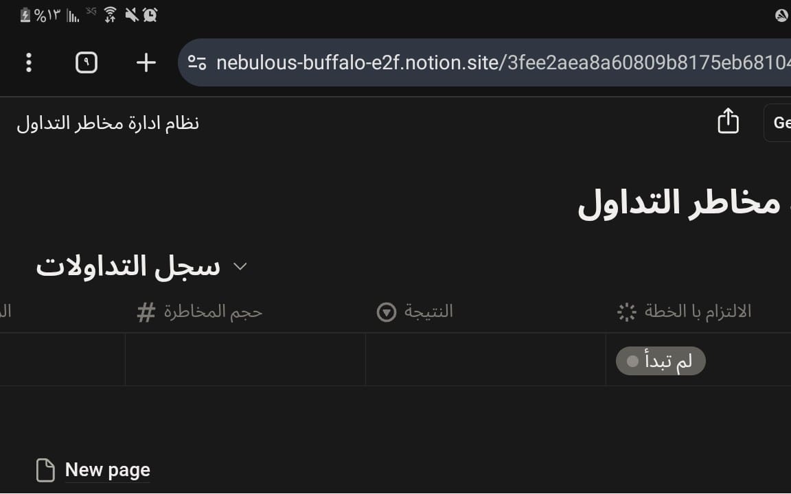 واجهة قالب Notion لنظام إدارة مخاطر التداول مع صفحة معرض بيانات وعناصر تنظيمية