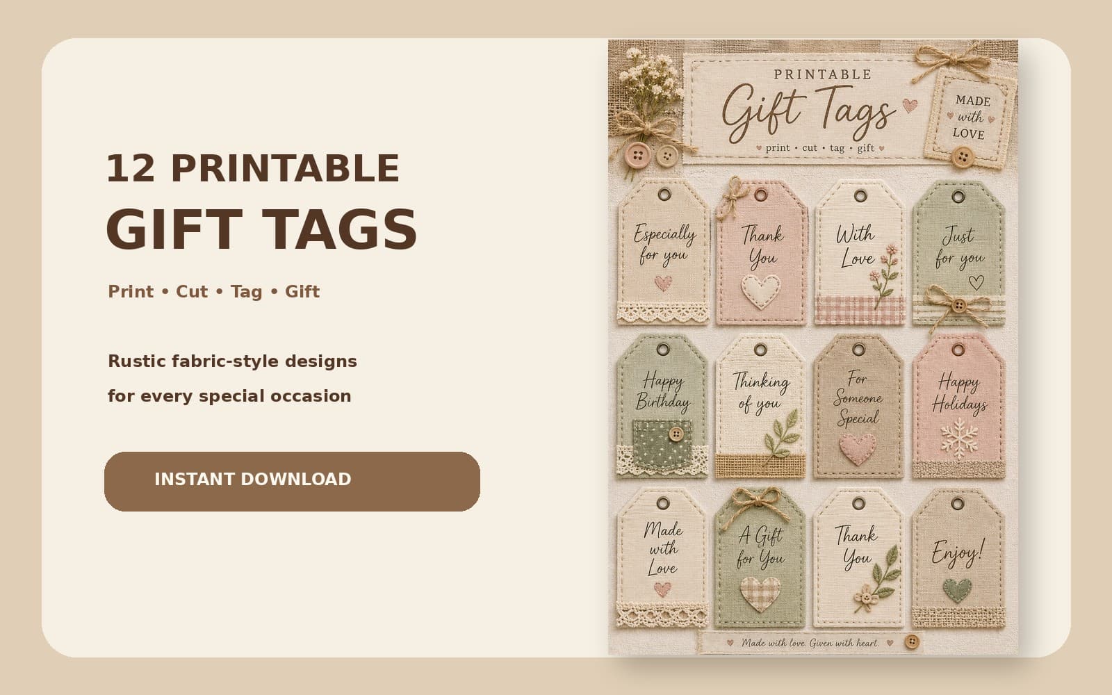 Printable Gift Tags Bundle - 12 Rustic Fabric-Style Gift Tags