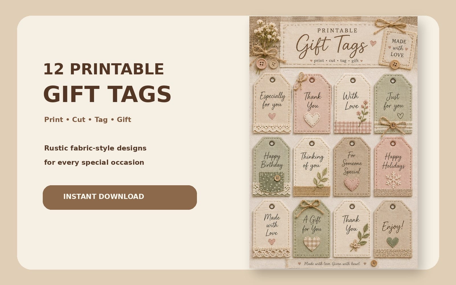 Printable Gift Tags Bundle - 12 Rustic Fabric-Style Gift Tags