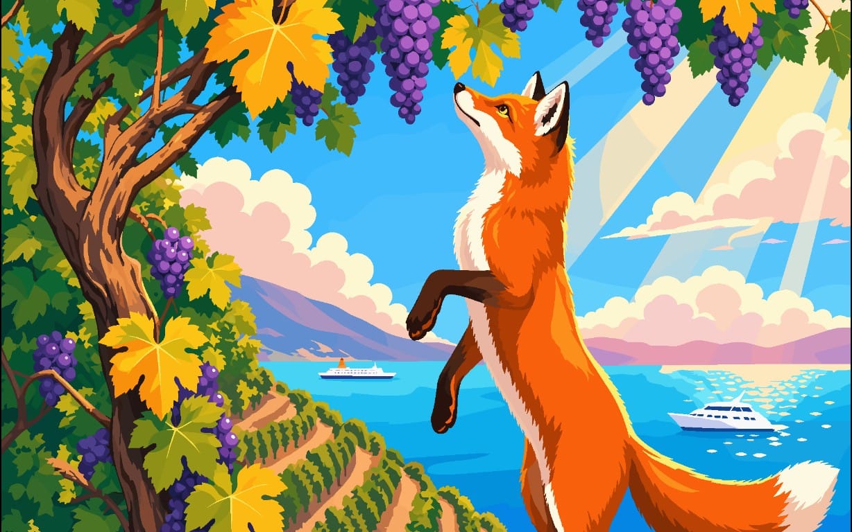 Cute orange fox standing in a sunny vineyard seaside digital art landscape with grapes, leaves, and boats