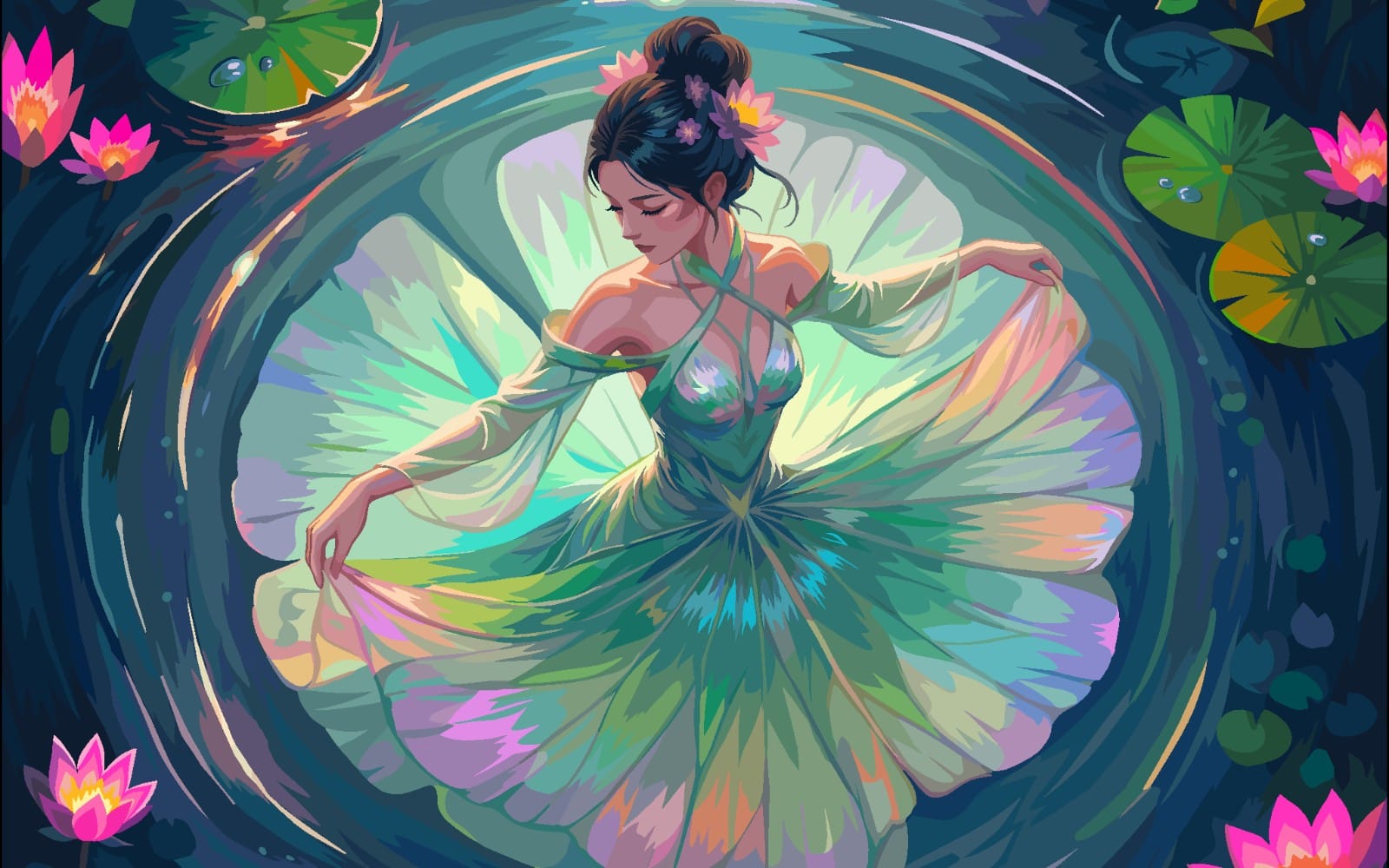 A fairy woman in a lotus pond with colorful flowers and swirling water, digital art background