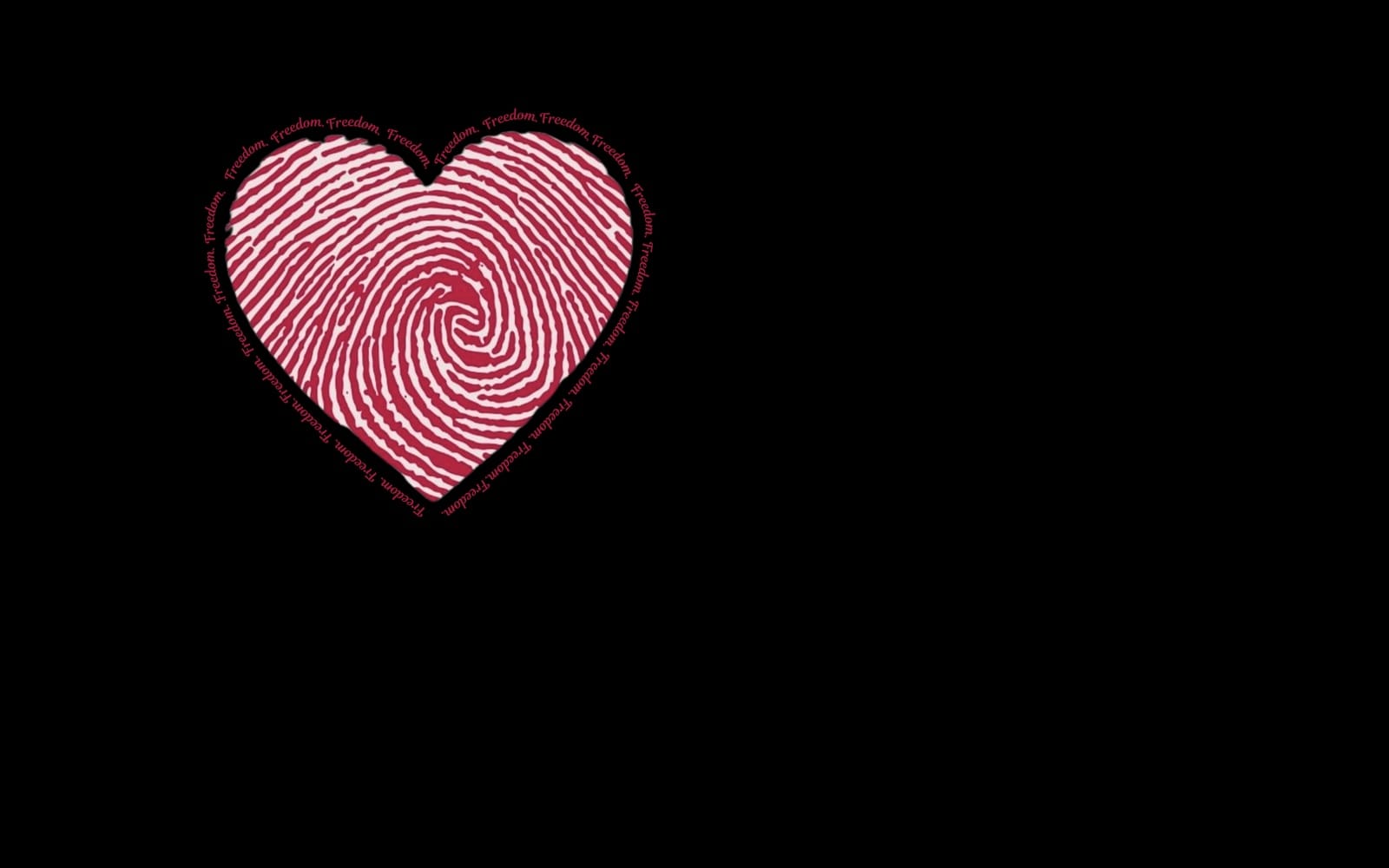 Red heart with concentric fingerprint lines and the word Freedom repeating around it on a black background digital