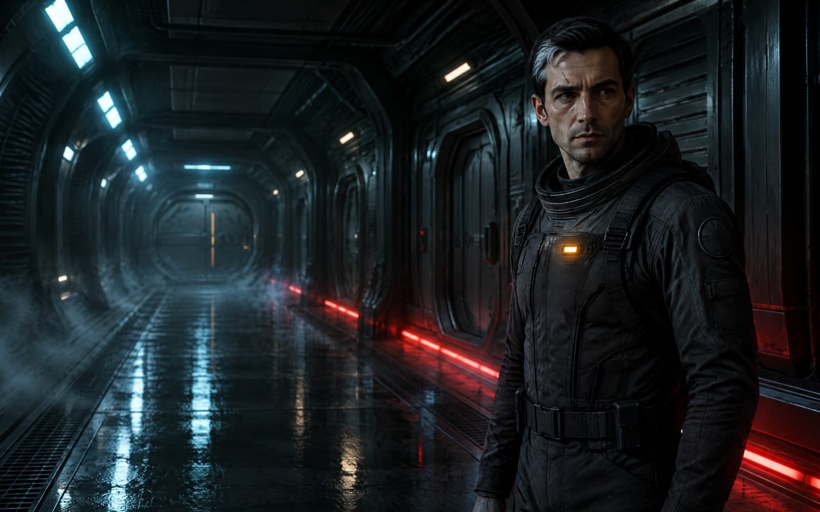 Dark sci-fi AI visual continuity kit concept art with a man in a space suit in a metal corridor with red lights