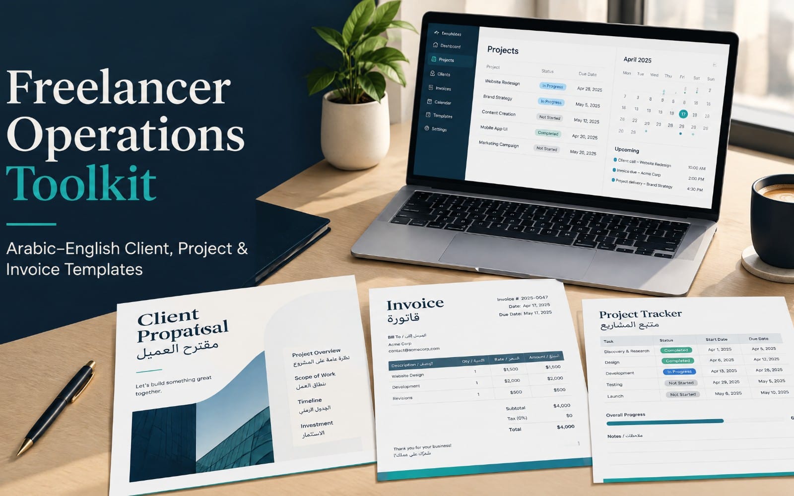 Freelancer Operations Toolkit bilingual Arabic-English client project and invoice templates cover