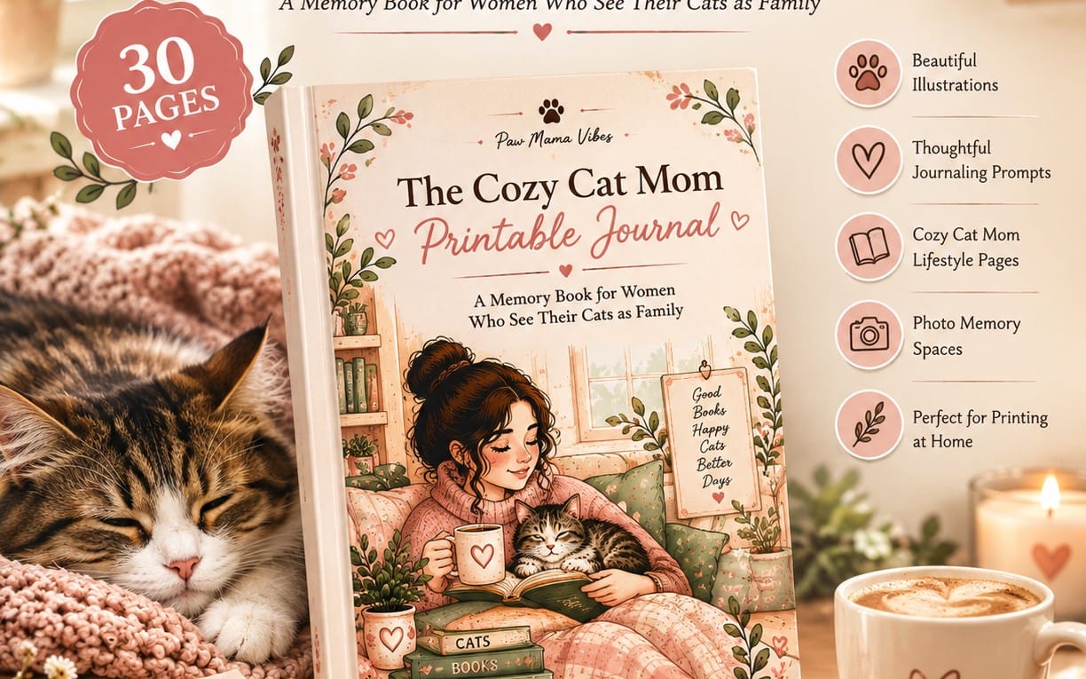 Cozy Cat Mom printable journal cover with illustrated woman and cats, journaling prompts and photo memory space details