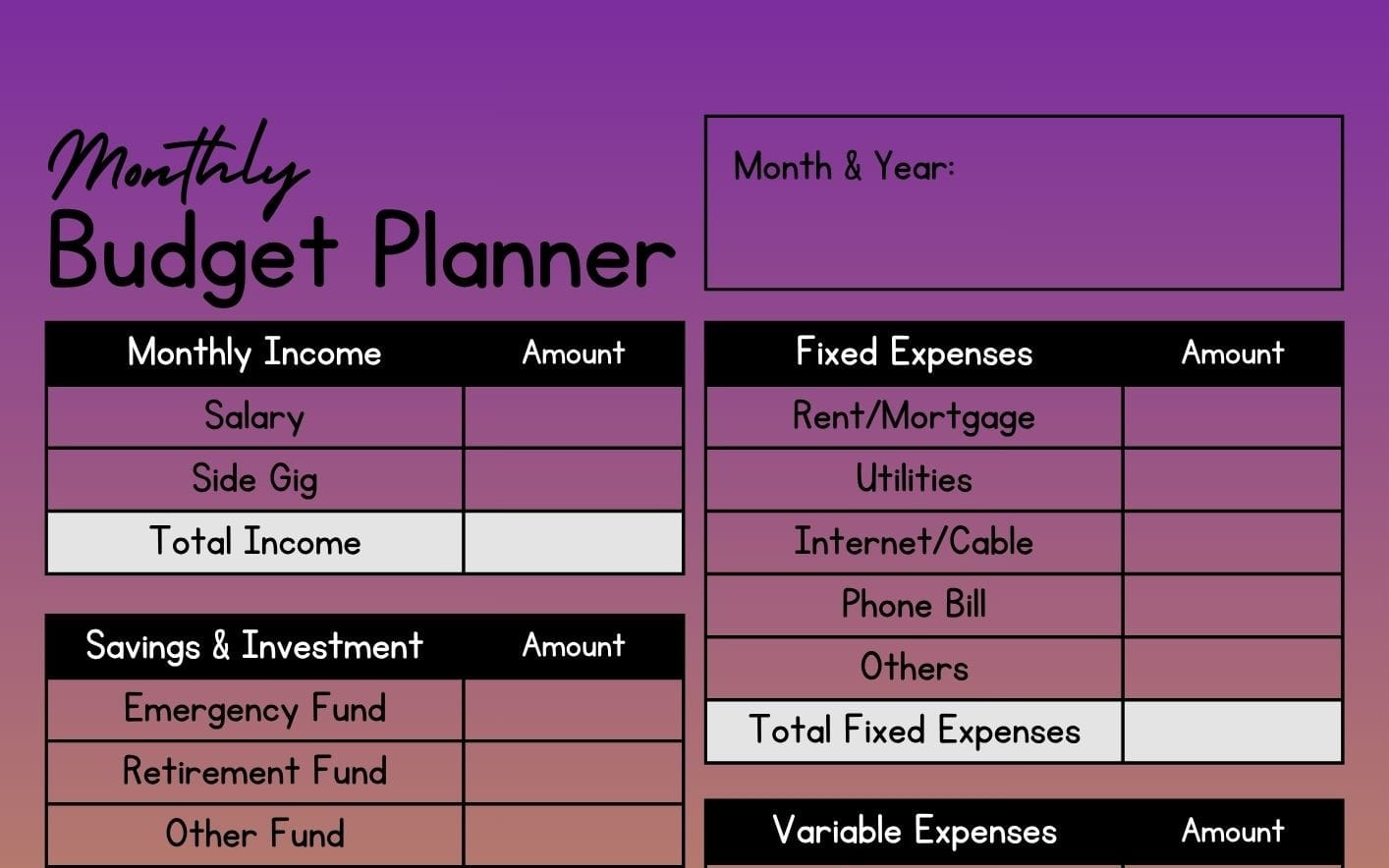 Monthly budget planner template with income, fixed expenses, and savings sections on a purple layout
