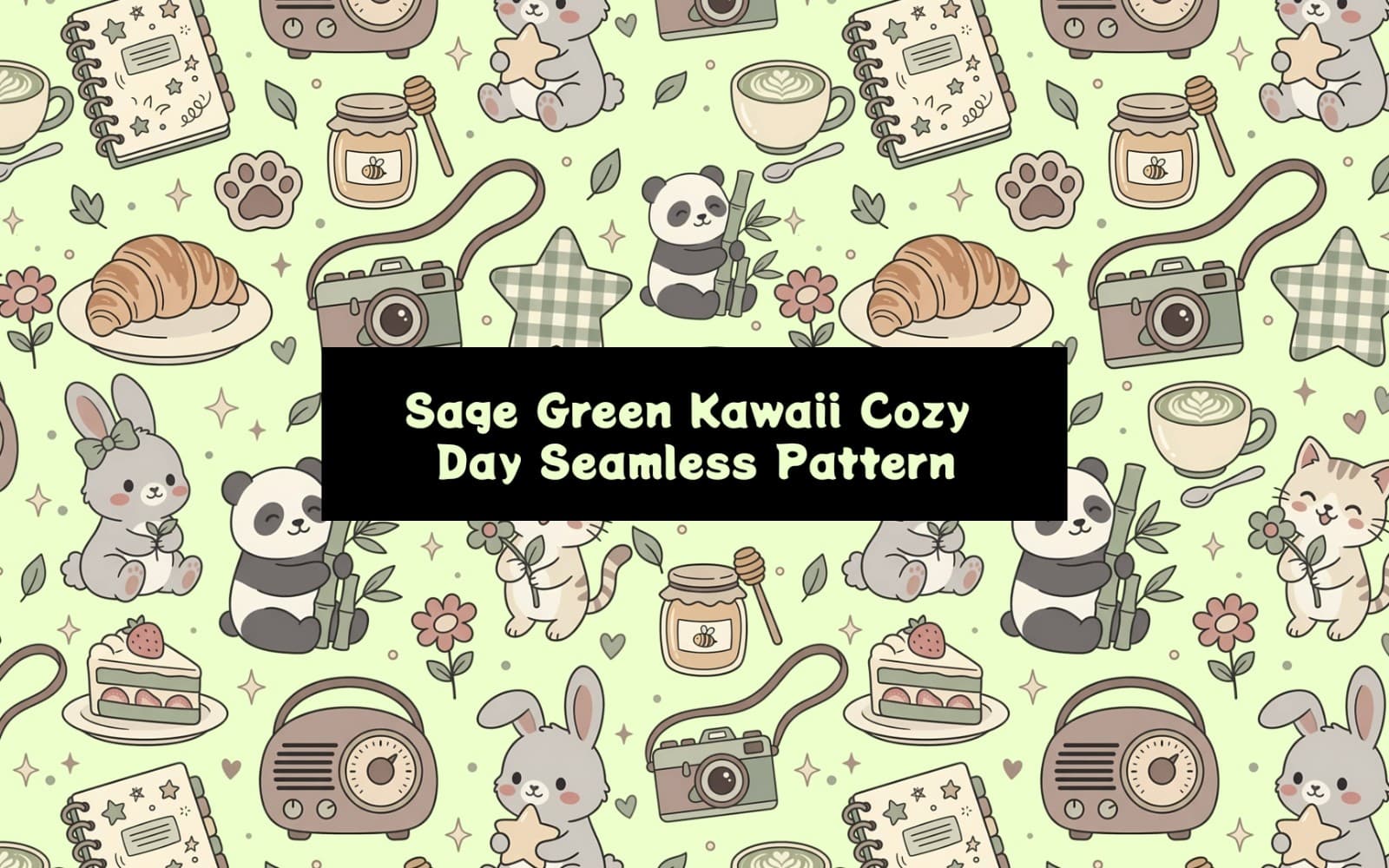 Sage Green Kawaii Cozy Day Seamless Pattern - Transparent + Mint Background