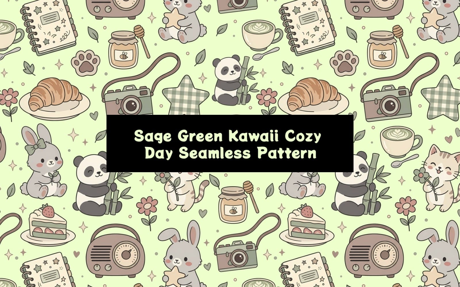 Sage Green Kawaii Cozy Day Nahtloses Muster – Transparent + Mint-Hintergrund