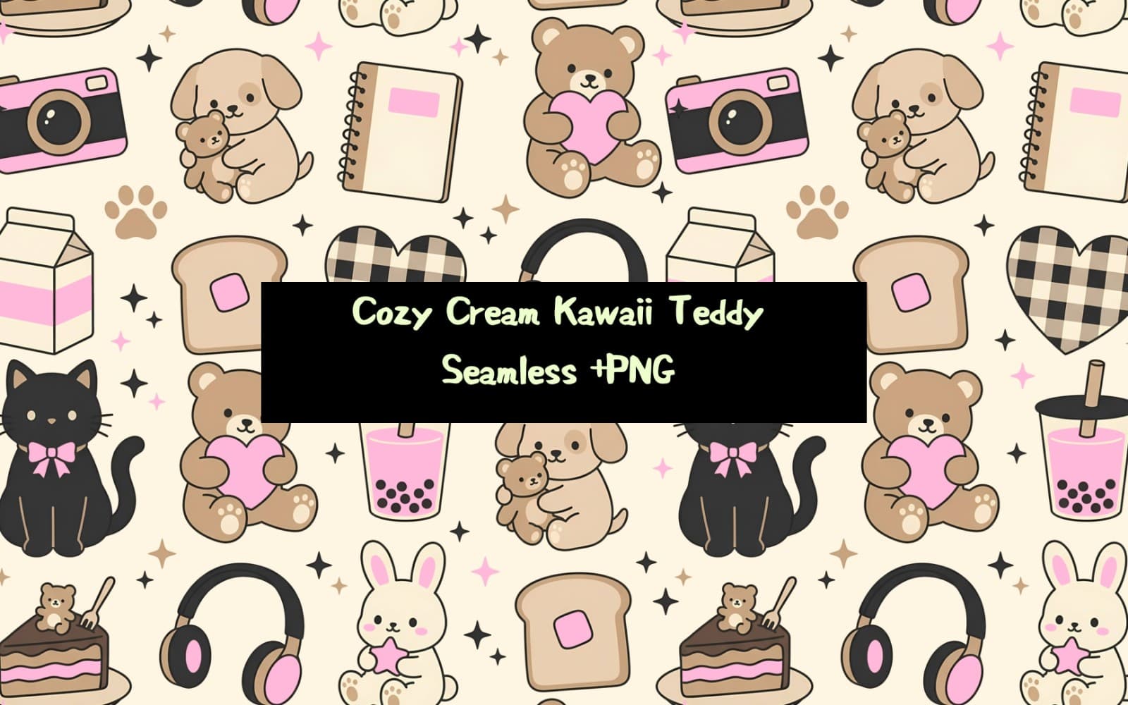 Cozy Cream Kawaii Teddy Seamless Pattern - Transparent + Cream Background