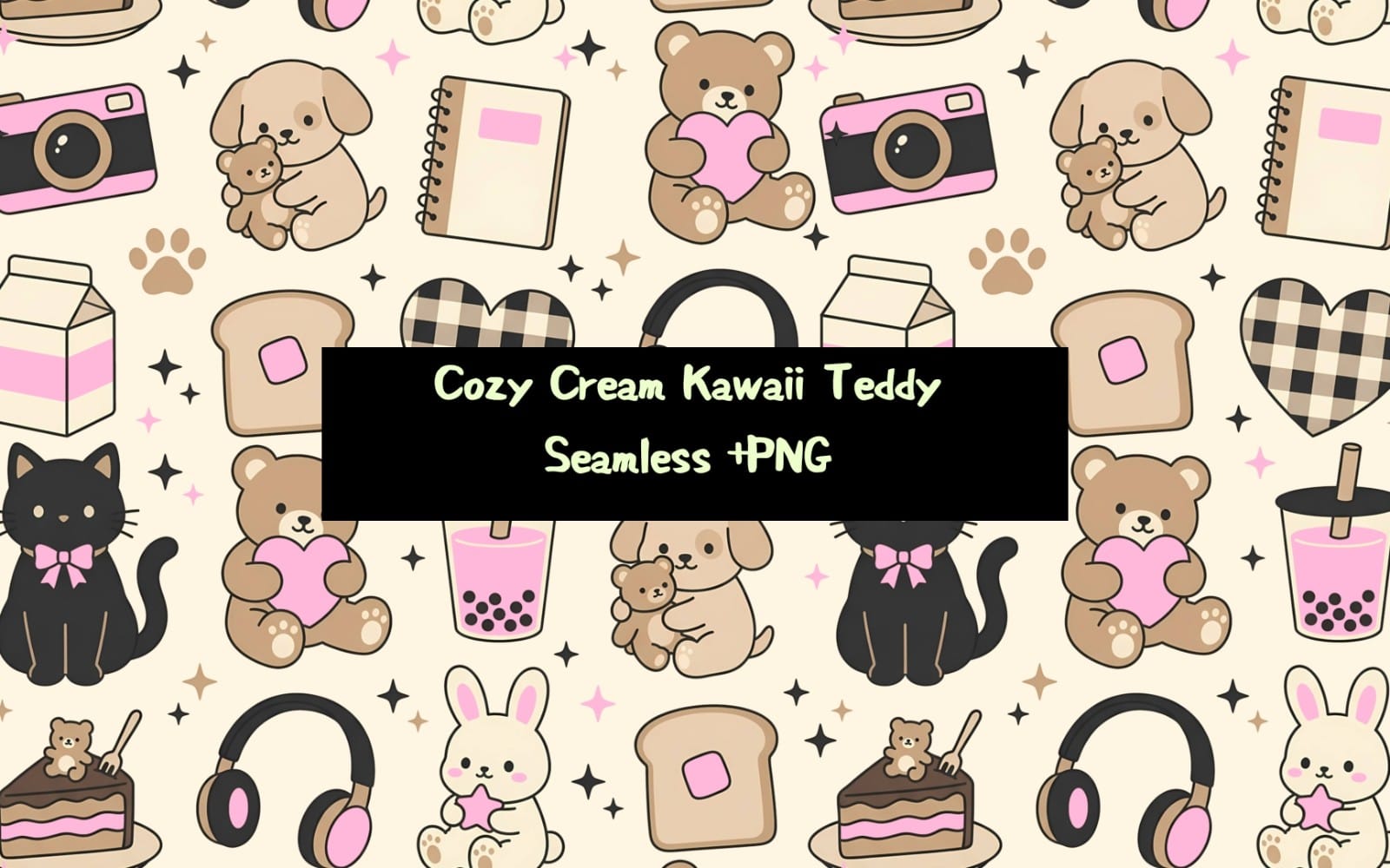 Cozy Cream Kawaii Teddy Seamless Pattern - Transparent + Cream Background