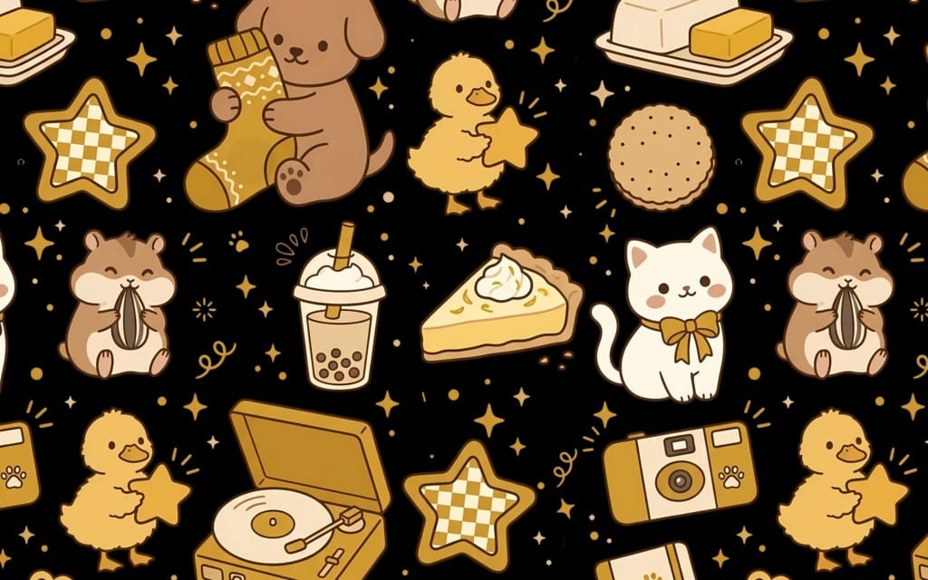 Golden Kawaii Cozy Day Seamless Pattern - PNG