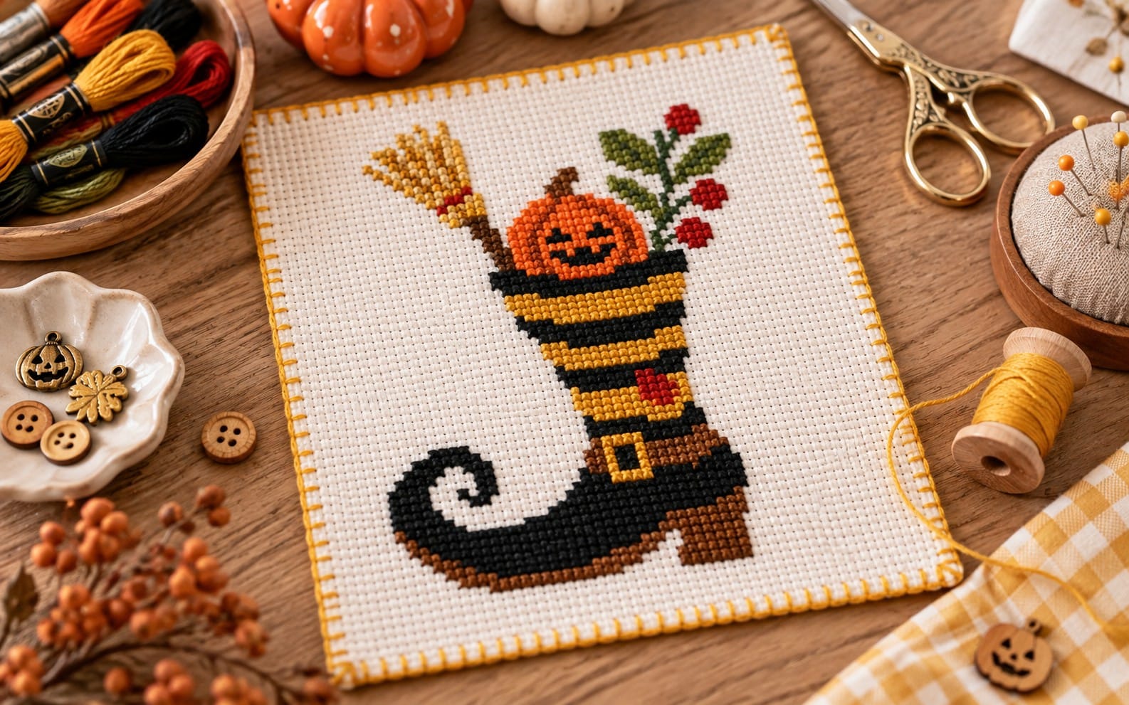 Halloween witch boot cross stitch pattern PDF shown on a stitched fabric hoop with yarn and pumpkins decor