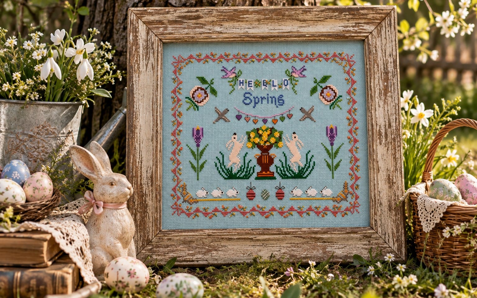 Framed cross stitch spring sampler featuring whimsical Easter bunny and flowers, shown as a PDF pattern product listing