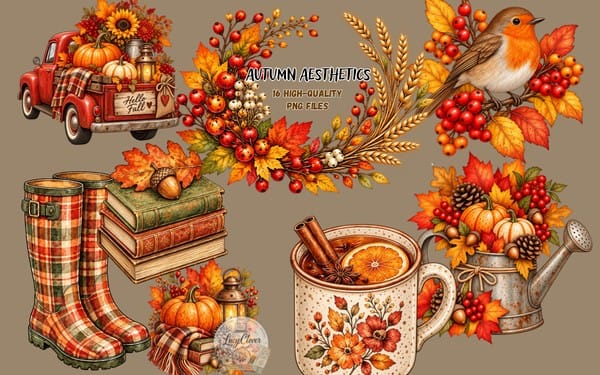 Autumn aesthetics fall clipart set featuring pumpkins, boots, berries, leaves, wheat, and mug PNG bundle elements