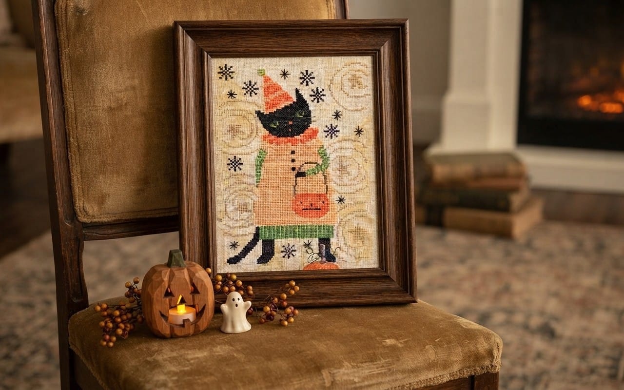 Framed Halloween cross stitch design with a black cat, pumpkin and snowflakes on a chair, color and monochrome PDF