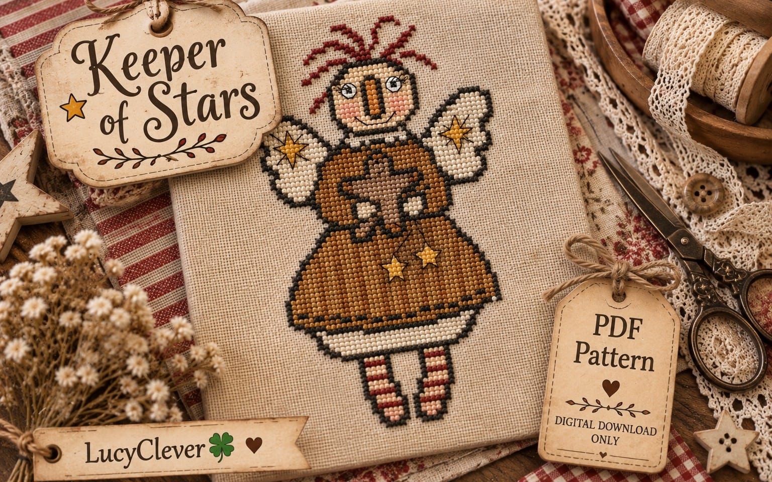 Cross stitch pattern PDF for a rustic folk angel with stars and text Keeper of Stars of a printed fabric sampler