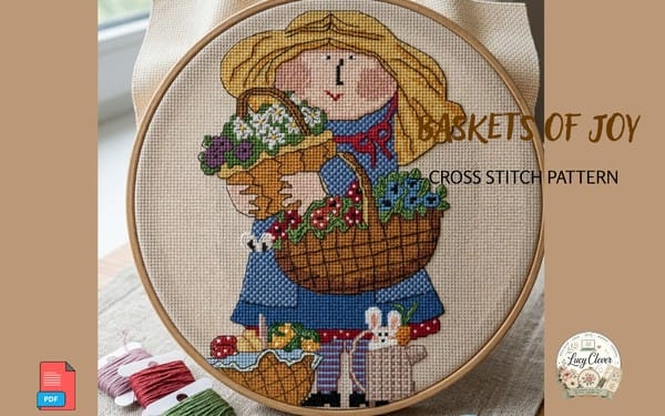 Embroidery hoop showing a Baskets of Joy cross stitch pattern PDF design with the smiling basket woman figure