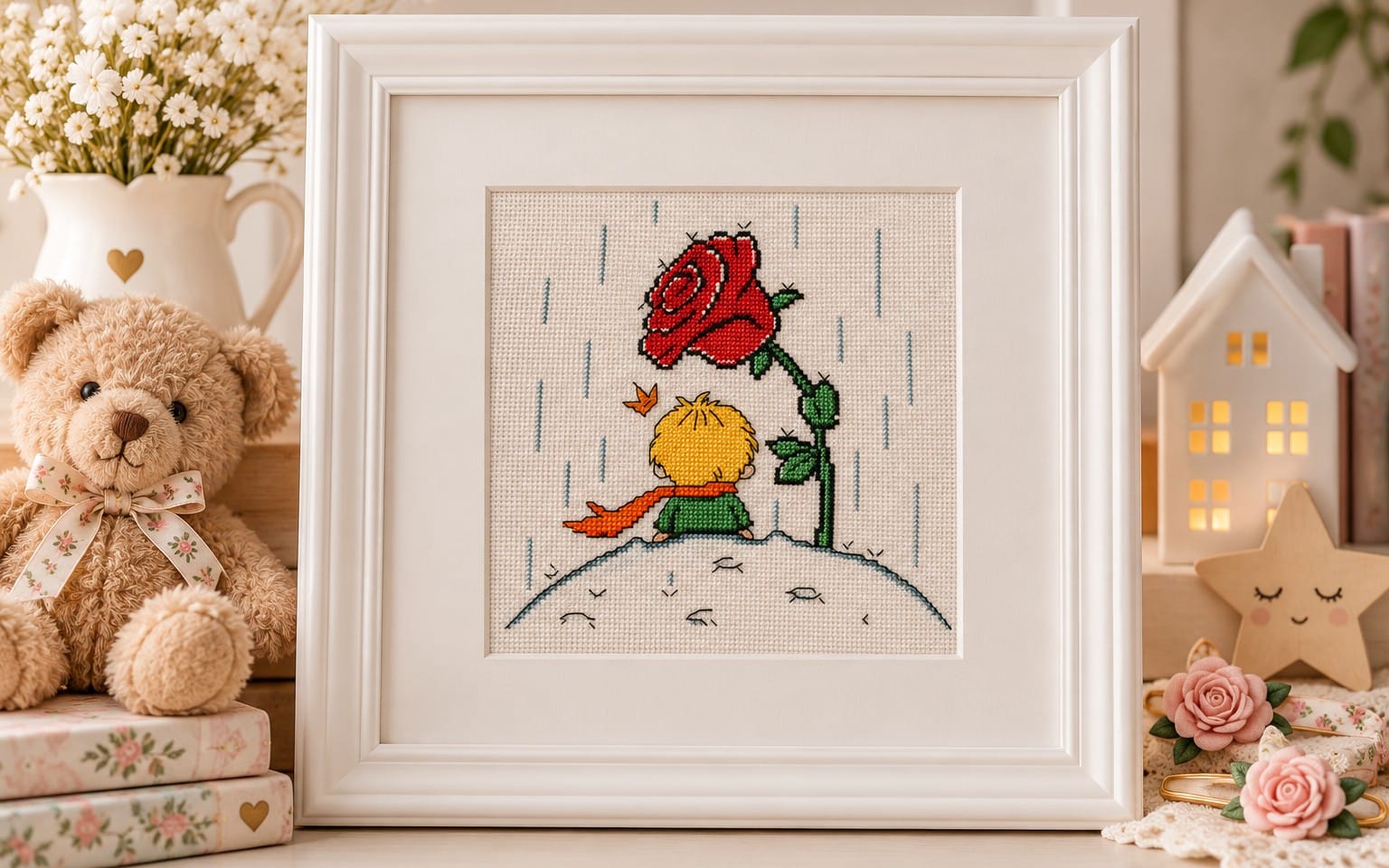 Counted cross stitch pattern PDF for The Little Prince featuring a framed needlework design with a rose, child and