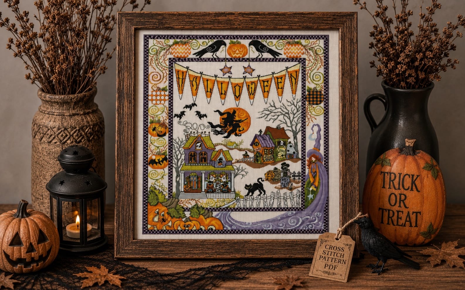 Halloween Village Cross Stitch Pattern PDF | Spooky Haunted Village, Witch, Pumpkins & Black Cat | Halloween Sampler