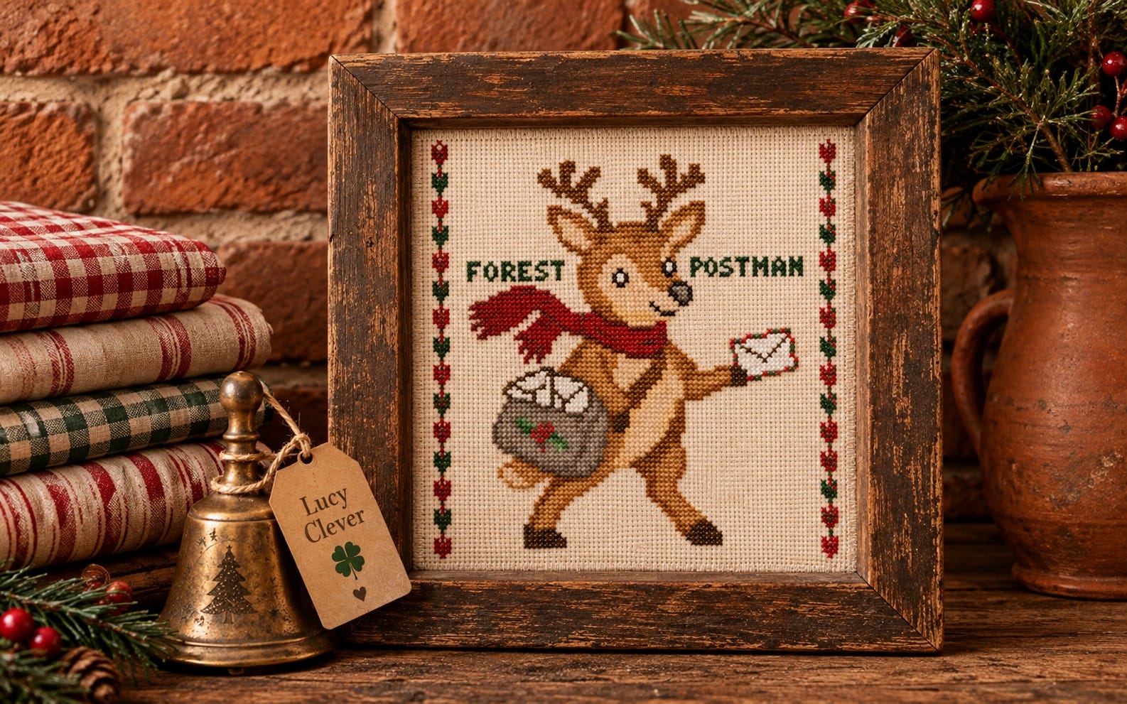 Woodland deer postman cross stitch pattern PDF shown framed on a rustic background with holiday decor and needles