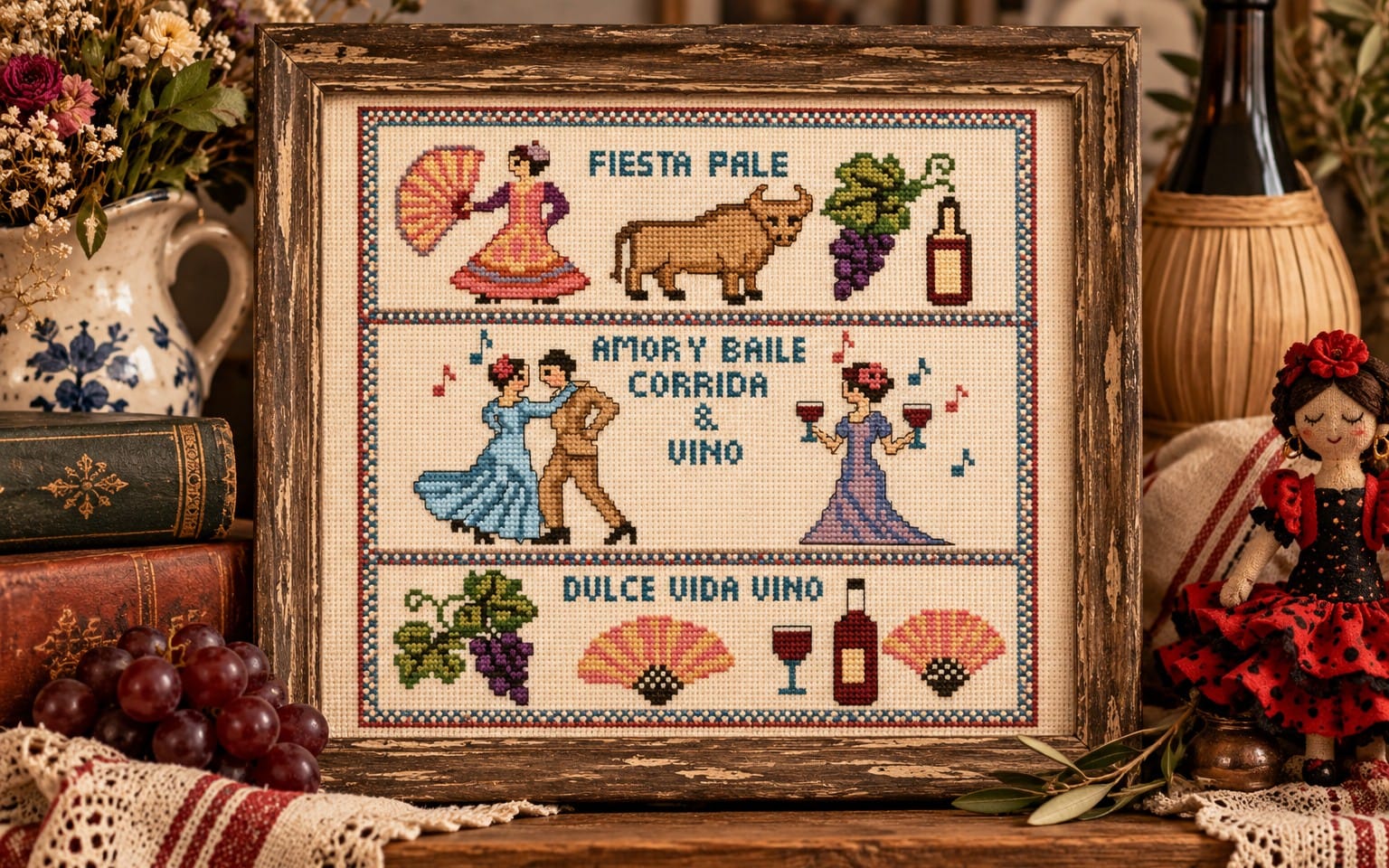 Framed Spanish sampler cross-stitch pattern PDF cover showing folk art birds and decorative blackwork motifs