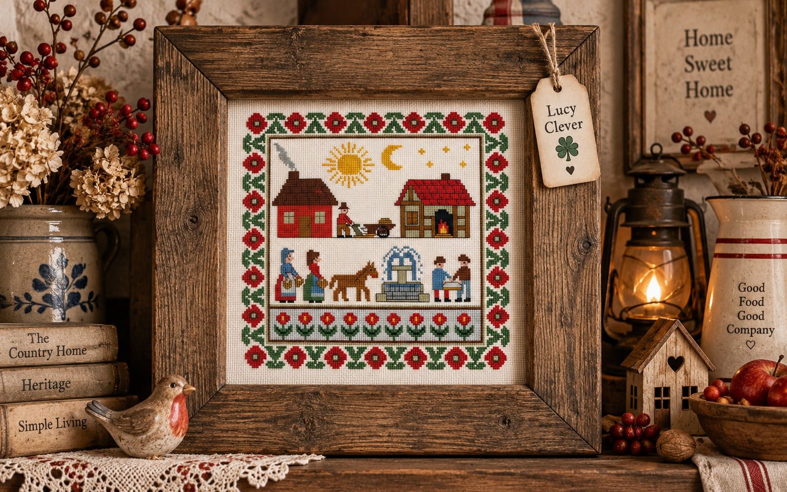 Framed cross stitch sampler pattern titled Village Life showing a village scene with flowers and borders