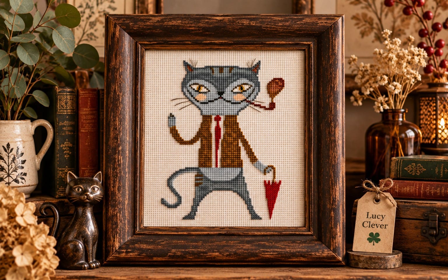 Framed cross stitch pattern featuring a grey whimsical cat with rain boots and a heart, Sir Whiskers PDF design