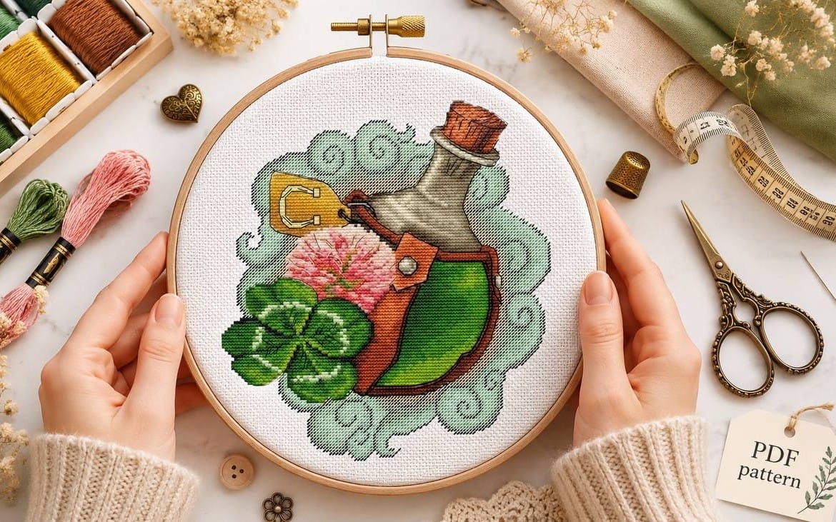 Embroidery hoop displaying a cross stitch pattern of a green luck potion bottle with shamrocks and rainbow flowers
