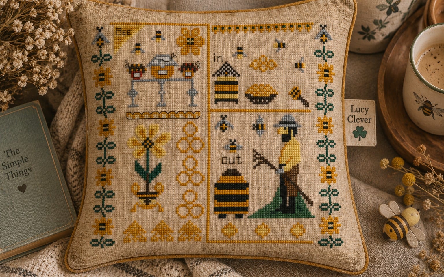 Honey farm cross stitch pattern PDF showing a stitched pillow design with bees, flowers, and hives on fabric background