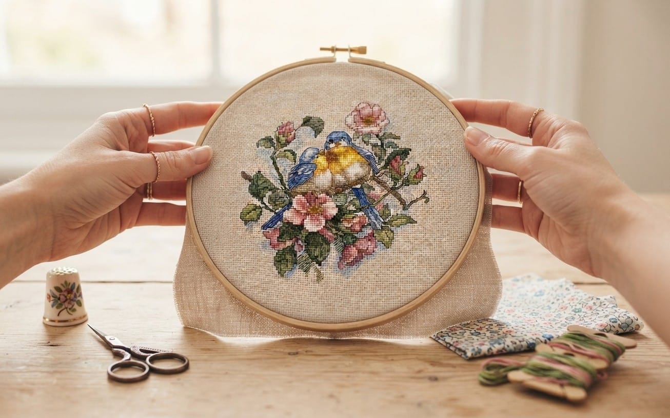 Garden Visitors Cross Stitch Pattern, Cute Bluebirds PDF, Modern Botanical Embroidery Chart, Instant Download