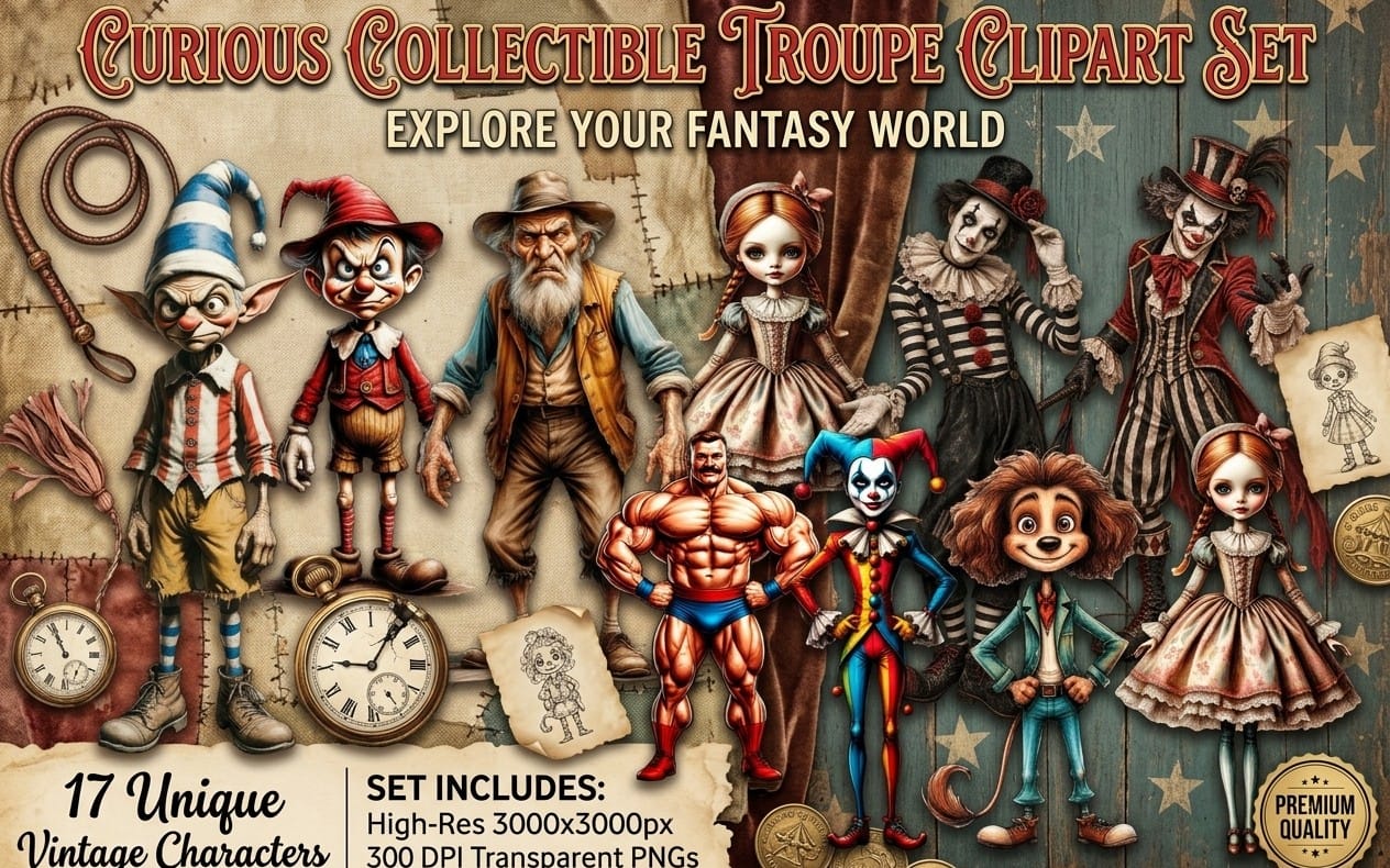 Vintage dark circus clipart set with whimsical characters, clocks, and masked clowns in transparent PNG style bundle