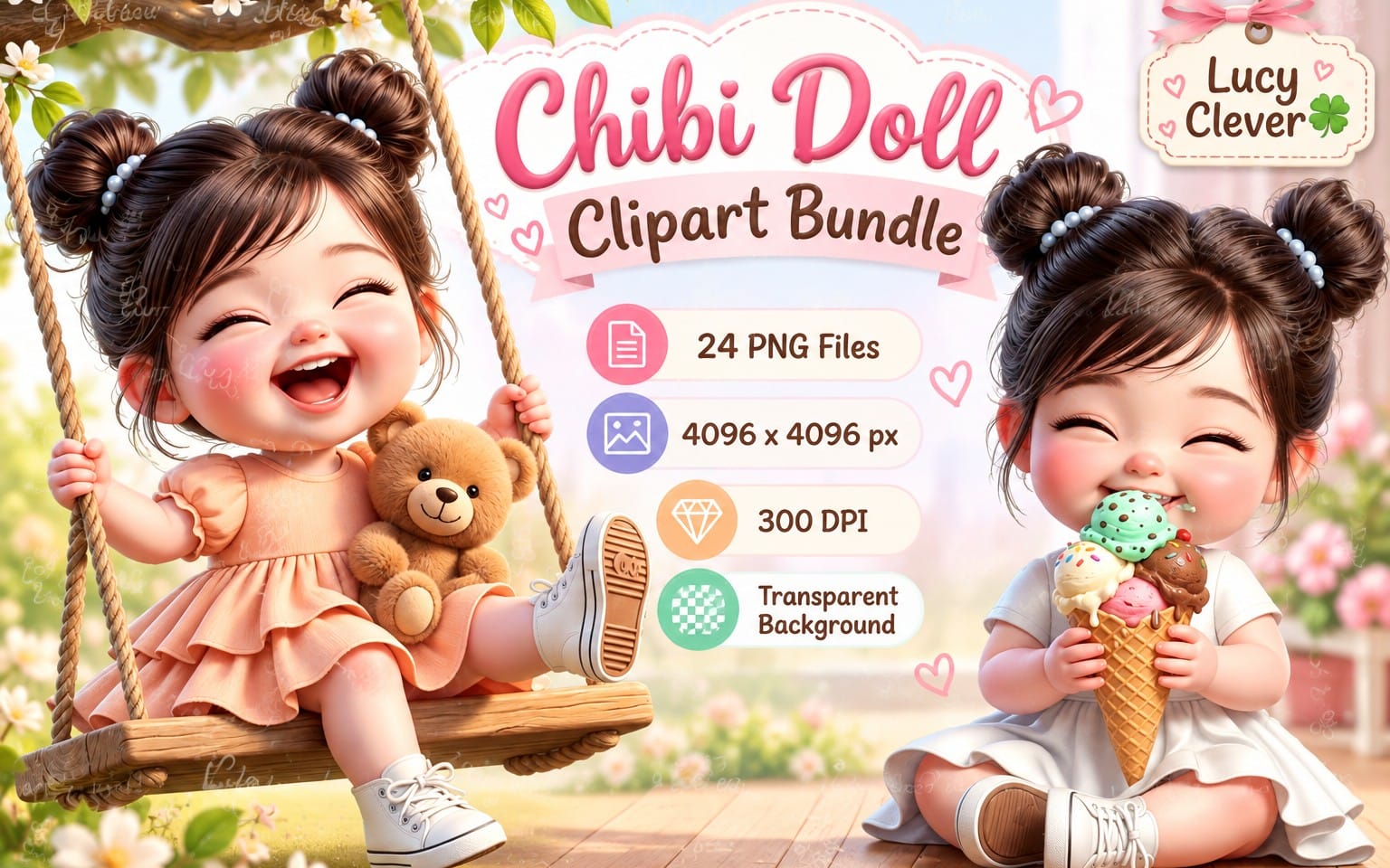 Chibi 3D girl doll clipart bundle banner with two cute baby characters holding a teddy bear and ice cream