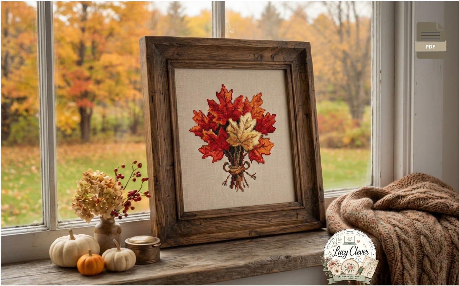 Autumn maple bouquet cross stitch pattern featuring a framed floral bouquet on fabric with fall colors