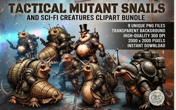 Tactical mutant snails and sci-fi creatures clipart bundle with armored characters on a futuristic battlefield