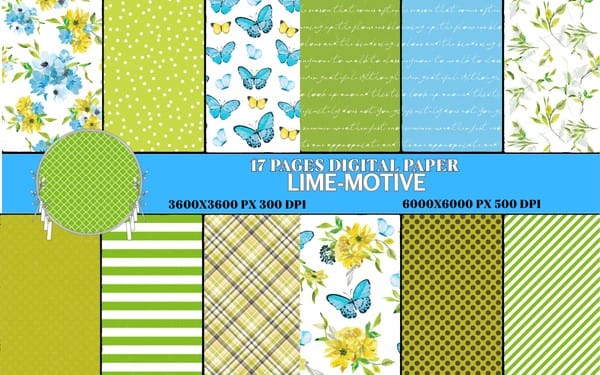 Lime-Motive Digital Paper Set – 17 Pages of Watercolor Florals, Butterflies, Stripes & Plaid Patterns – High-Resolution Printable Scrapbook Paper