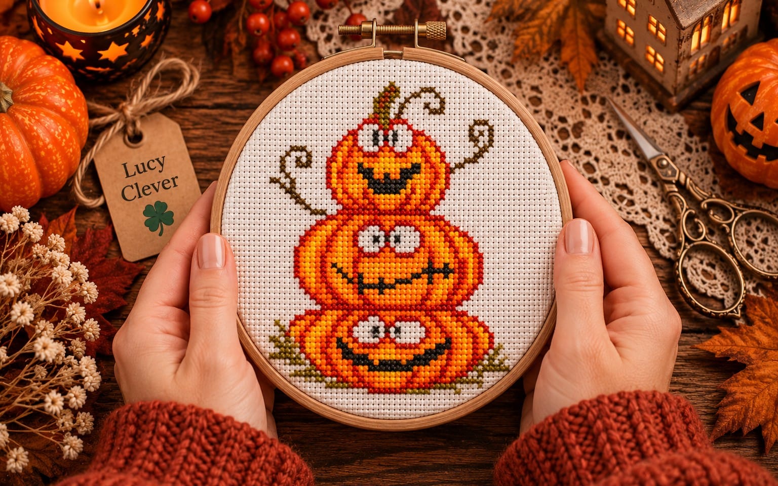 Handheld hoop shows a counted cross stitch Halloween pumpkin pyramid chart with jack-o-lantern motif on fall decor