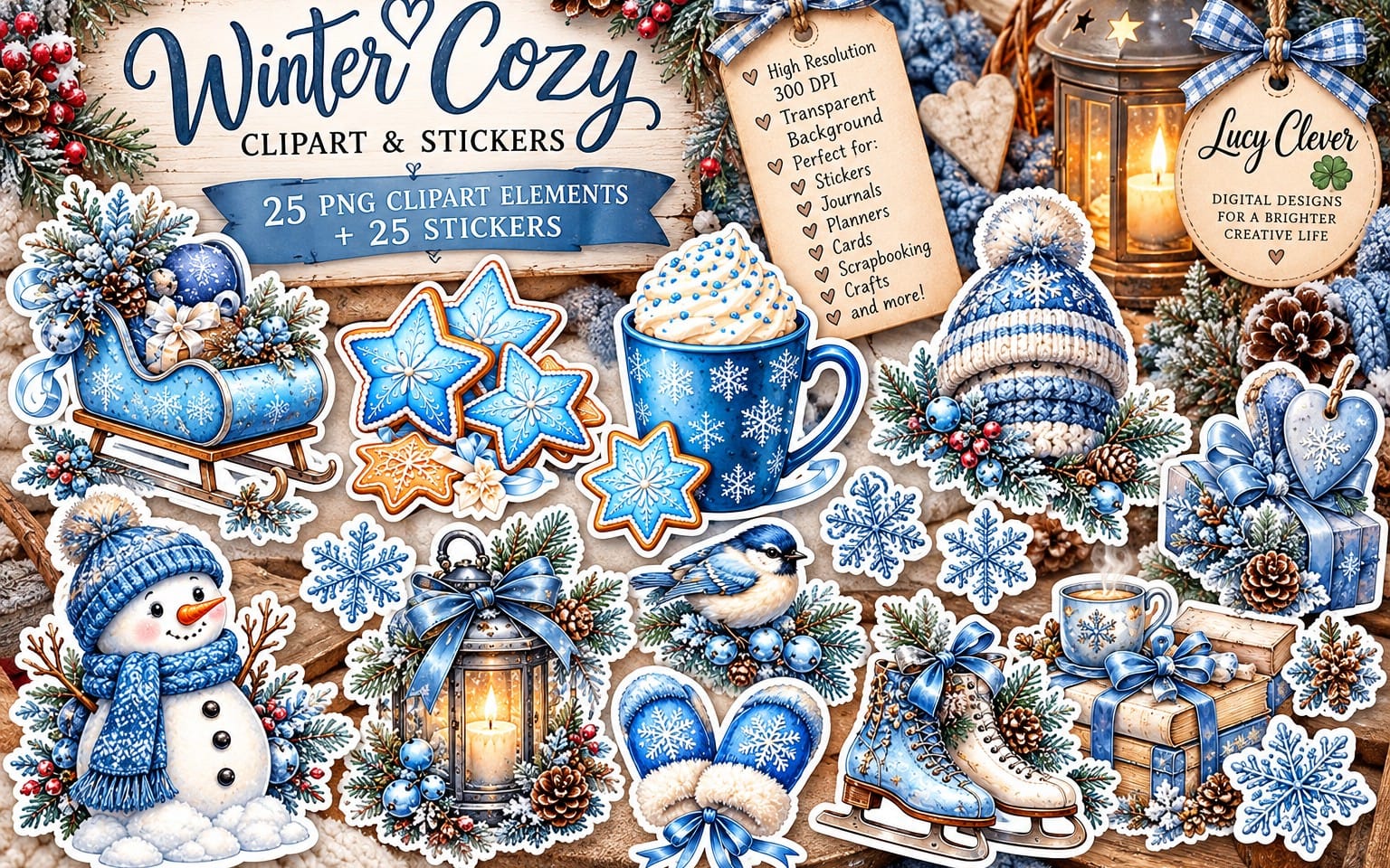 Blue winter Christmas clipart and sticker bundle with watercolor elements, snowflakes, ornaments, candles, and penguins