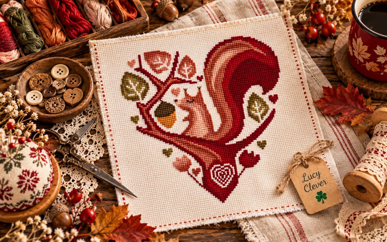 Cross stitch pattern fabric featuring a red squirrel sitting on a tree branch amid autumn motifs