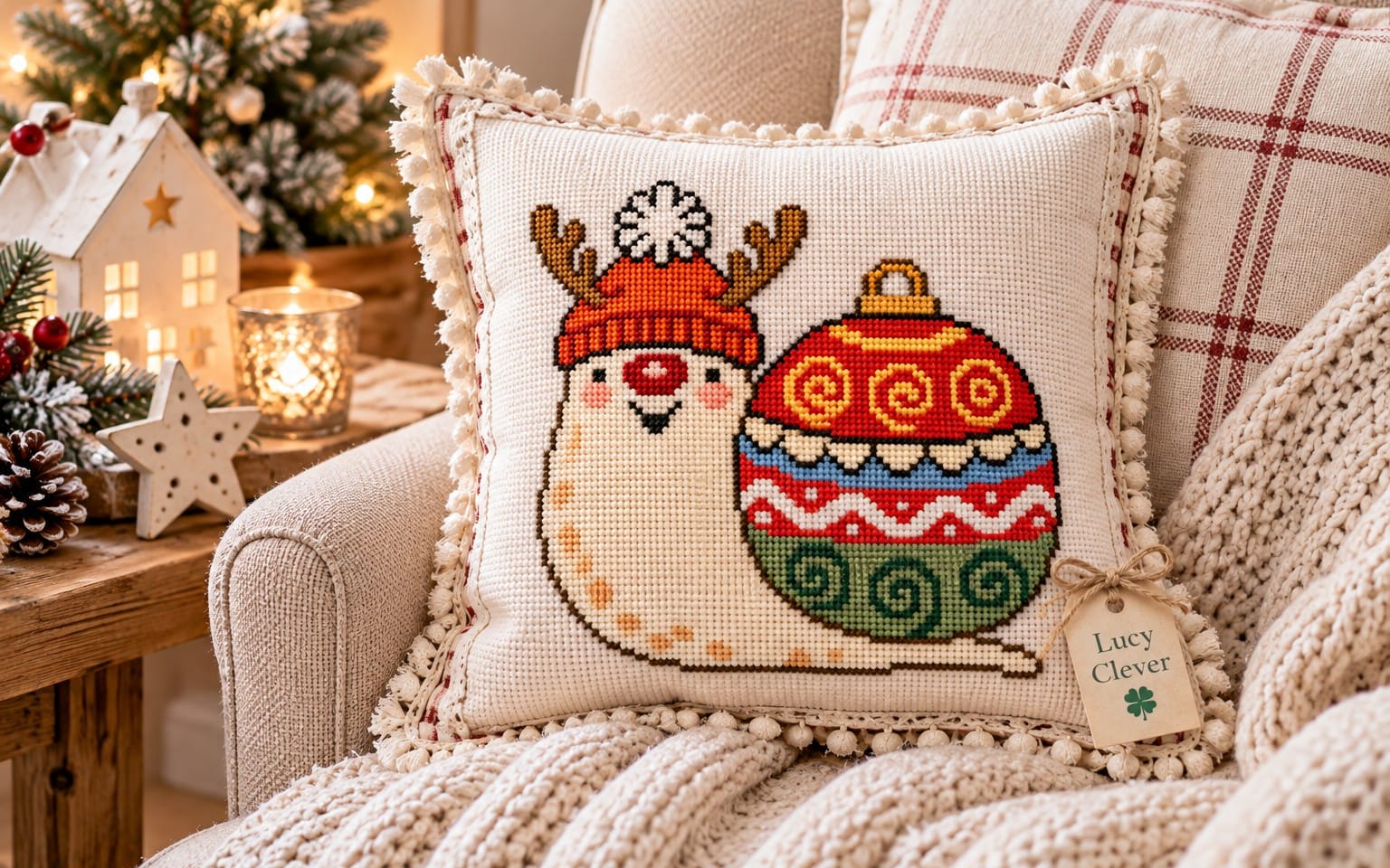 Christmas cross stitch pattern PDF featuring a cute reindeer snail on a needlework pillow with ornament and charts