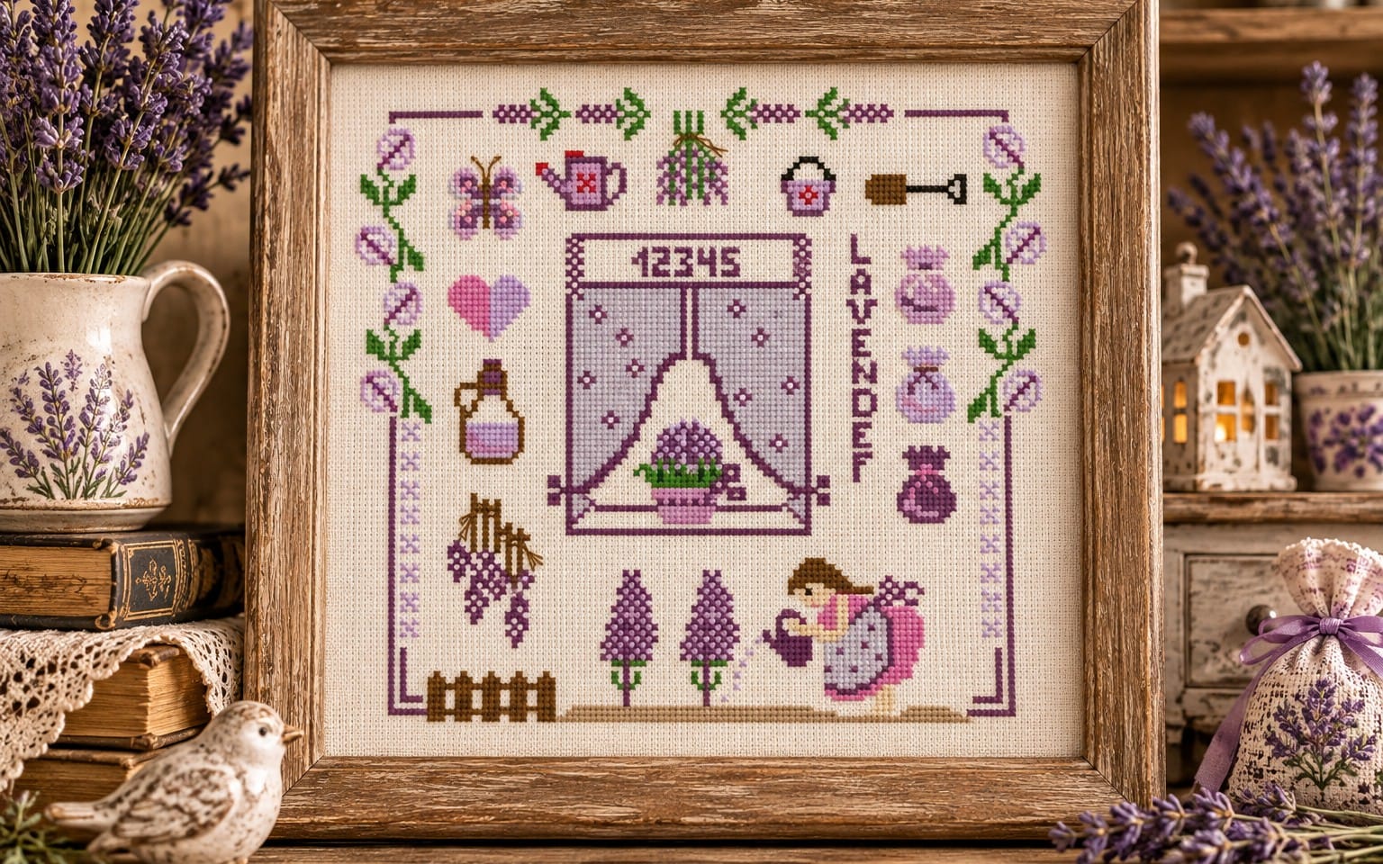 Lavender garden cross stitch sampler pattern PDF shown framed on farmhouse decor with birds and Provence flowers