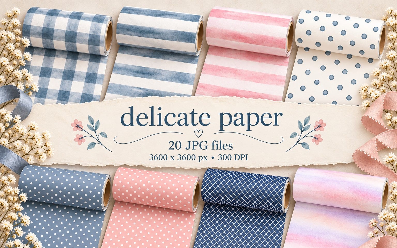 Stack of rolled pastel digital scrapbook papers with gingham, polka dots, stripes and watercolor patterns overlay text